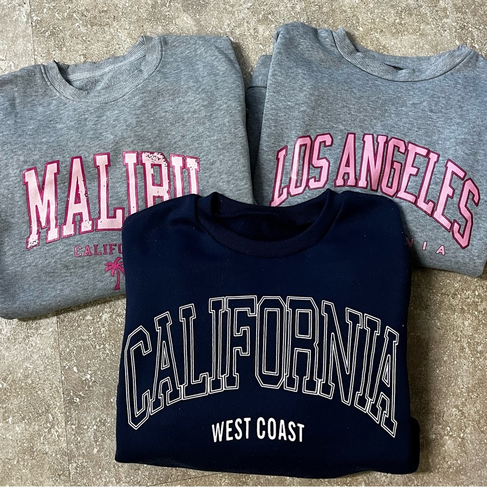 SHEIN California Themed West Coast Sweatshirts BUNDLE OF (3)- Navy Blue and Grey